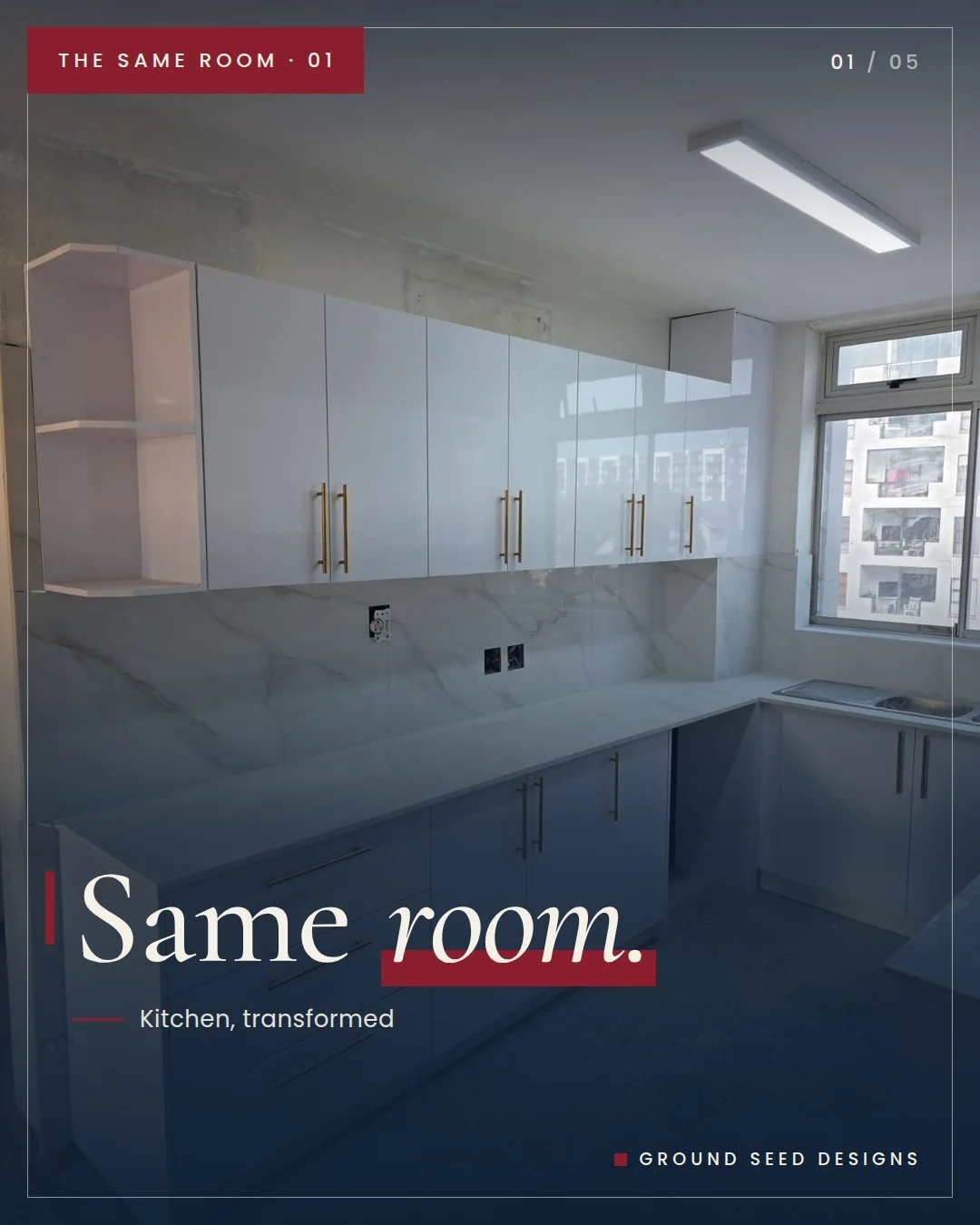 Ground Seed Designs Instagram carousel slide: Same room. Kitchen, transformed
