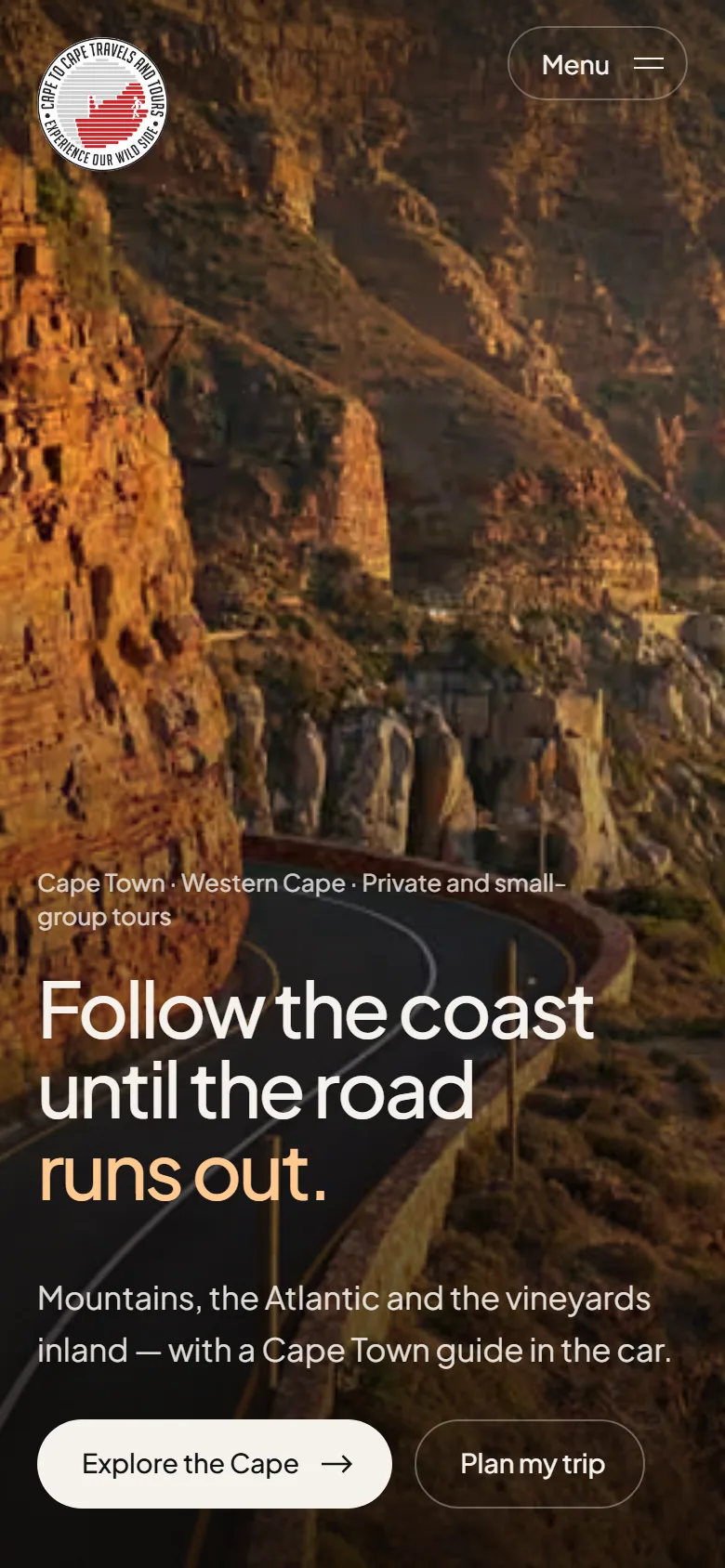 The Cape to Cape Tours homepage on a phone