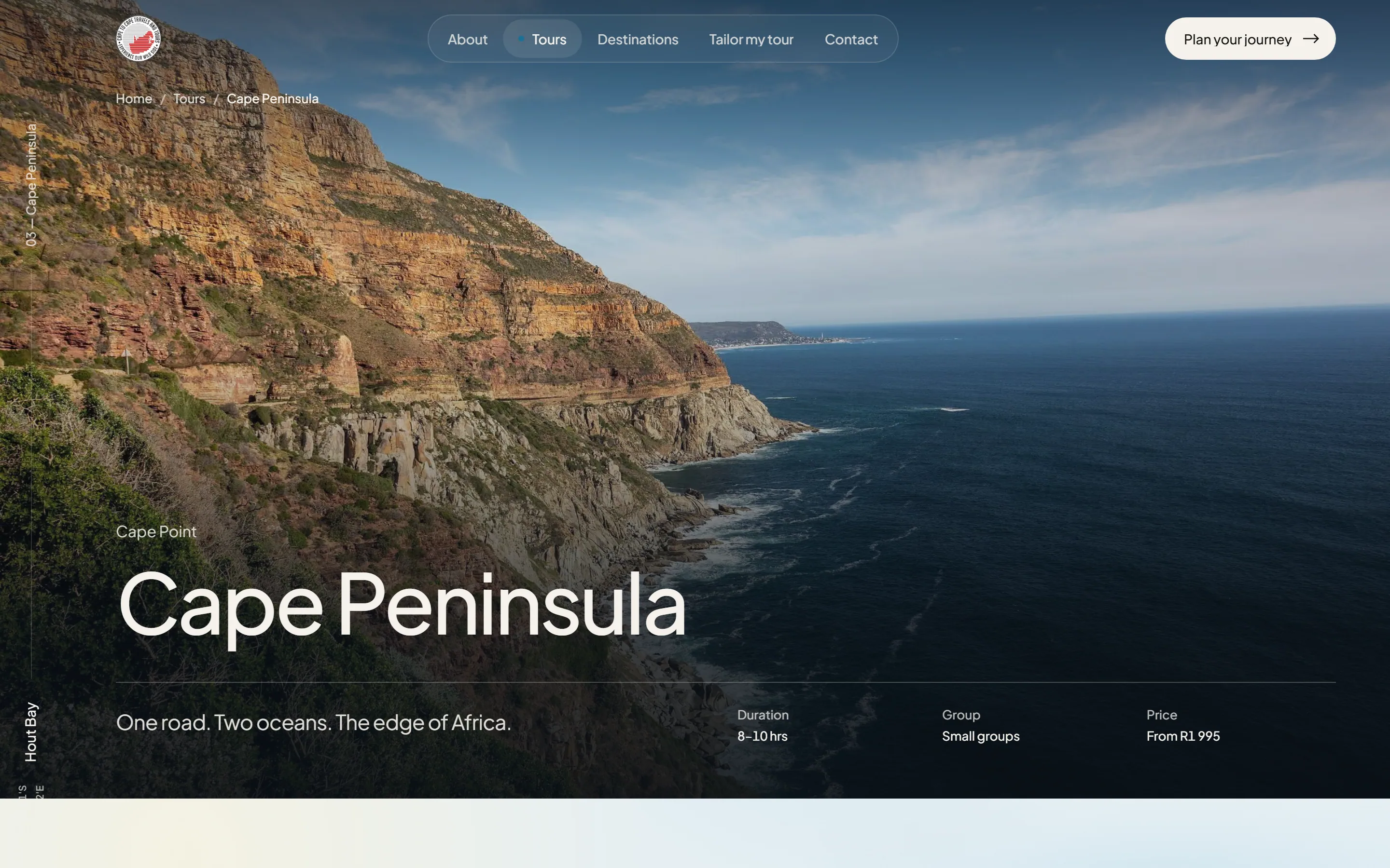 A Cape to Cape Tours tour page showing duration, group size and price