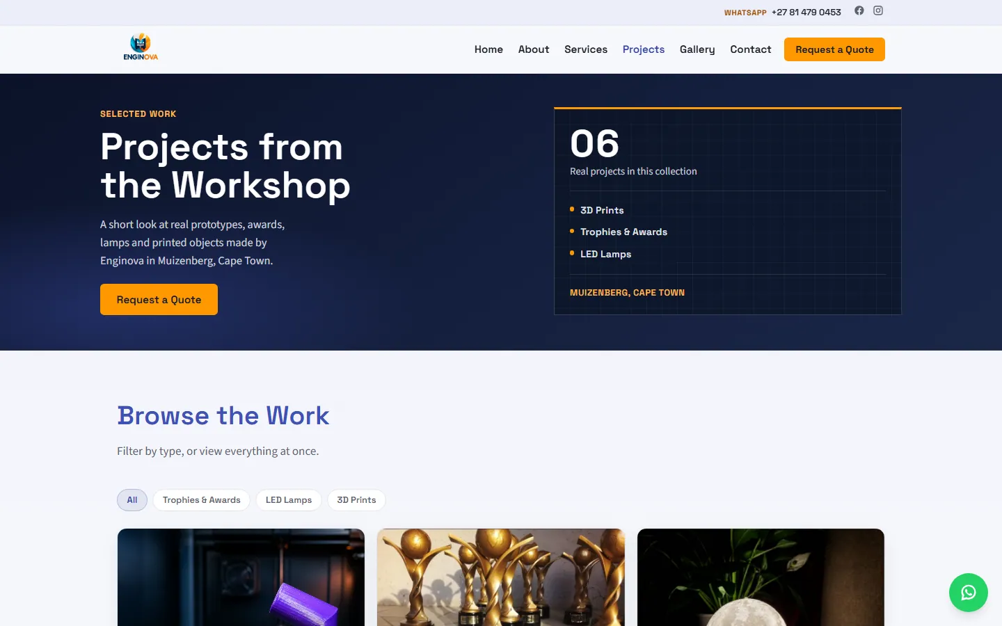 The initial Enginova website projects page