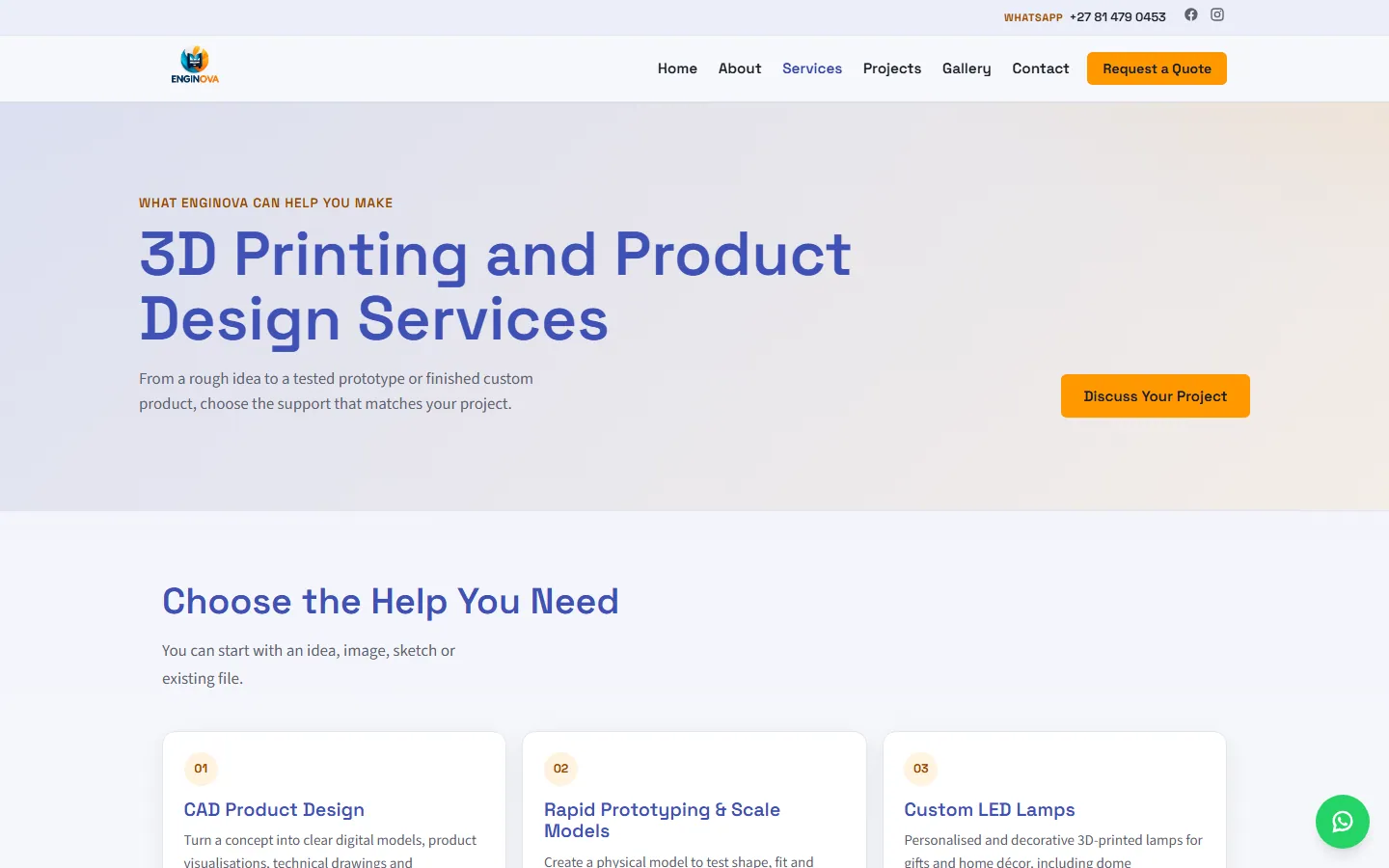 The initial Enginova website services page