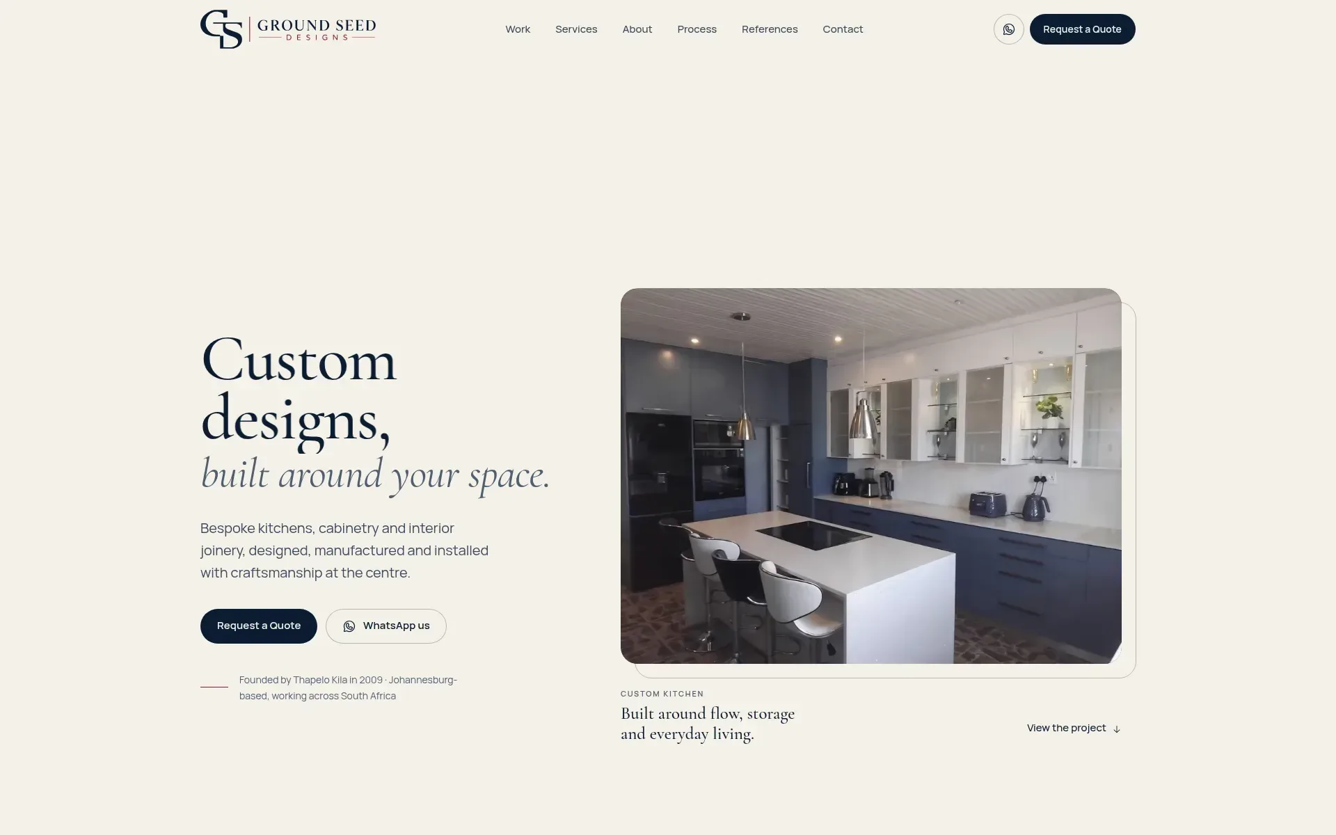 The Ground Seed Designs homepage hero: Custom designs, built around your space