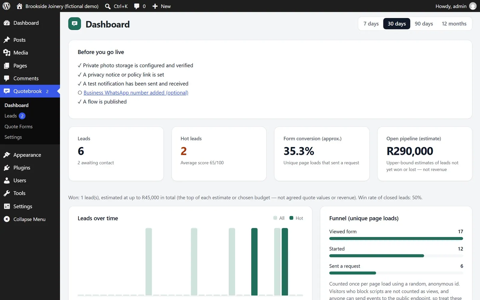 The Quotebrook dashboard in WordPress admin