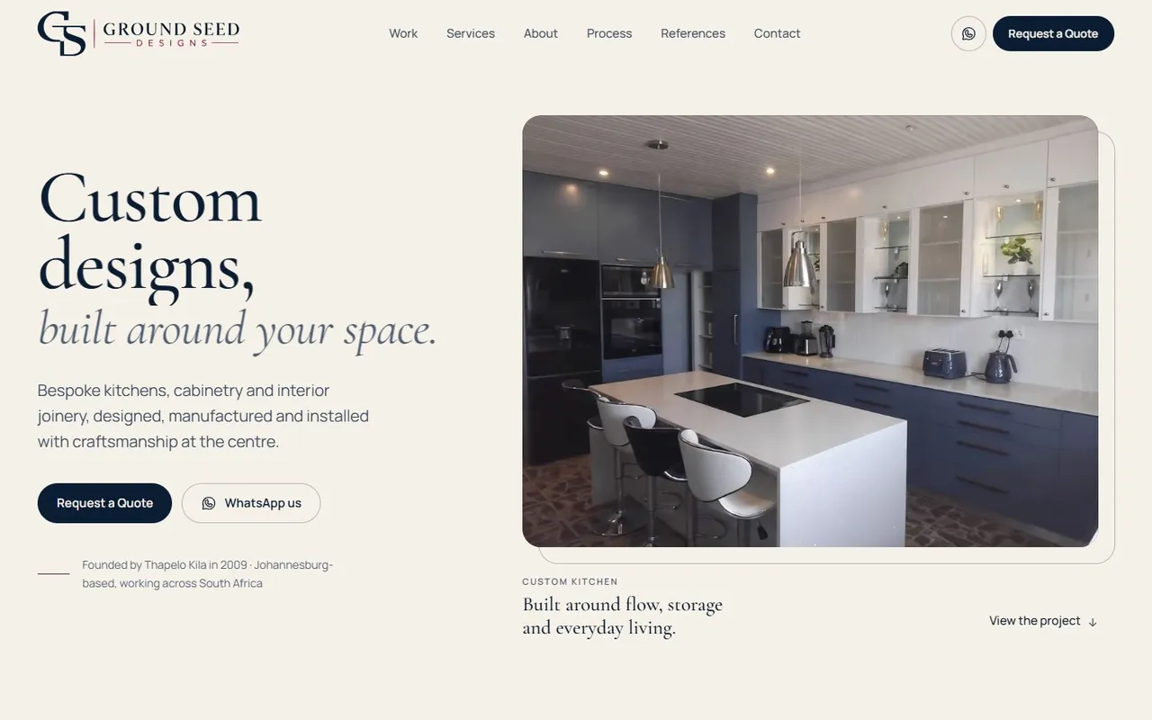 Scrolling the live Ground Seed Designs homepage: hero, services and Selected Work
