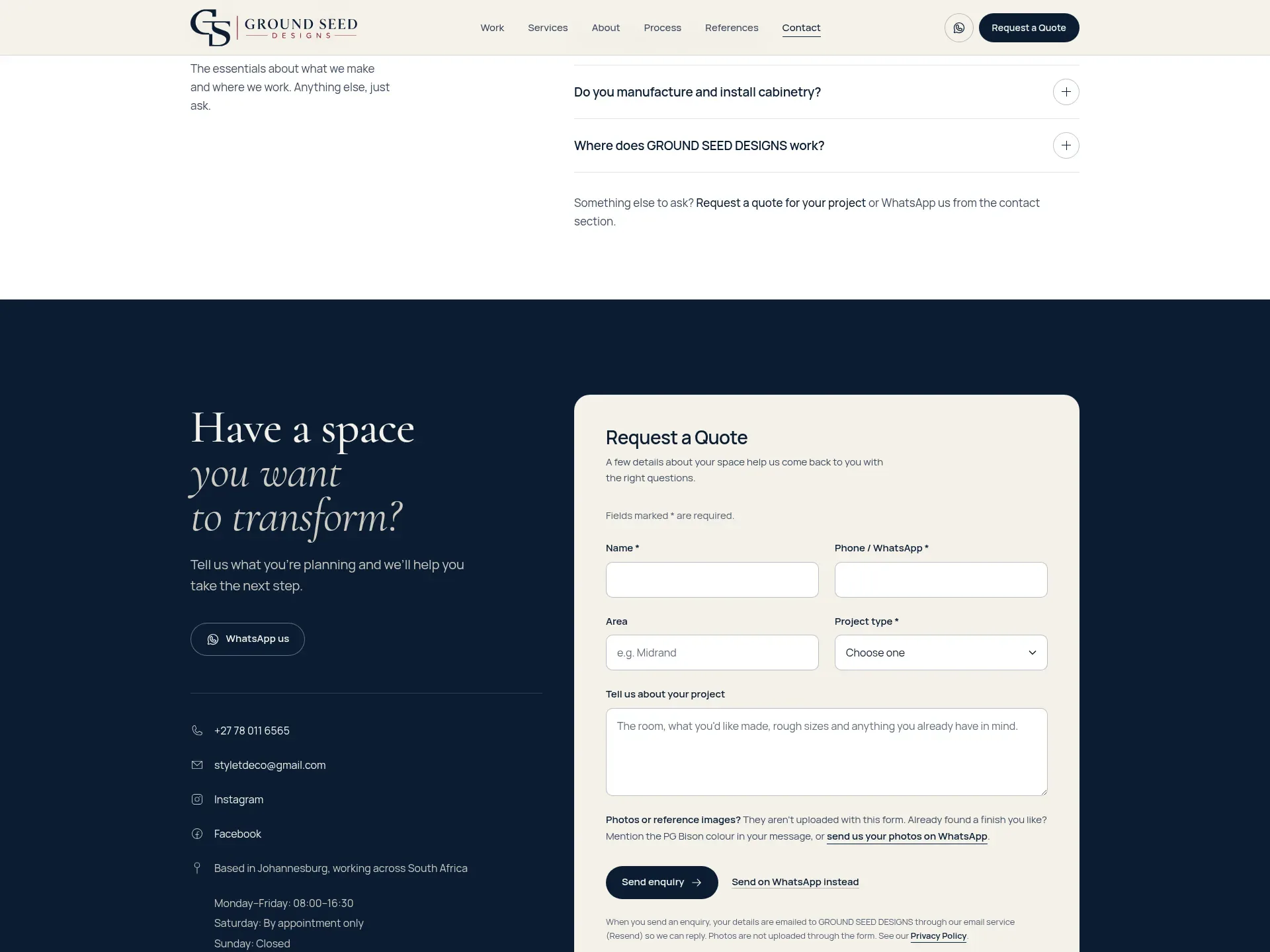 The Ground Seed Designs FAQ and Request a Quote form