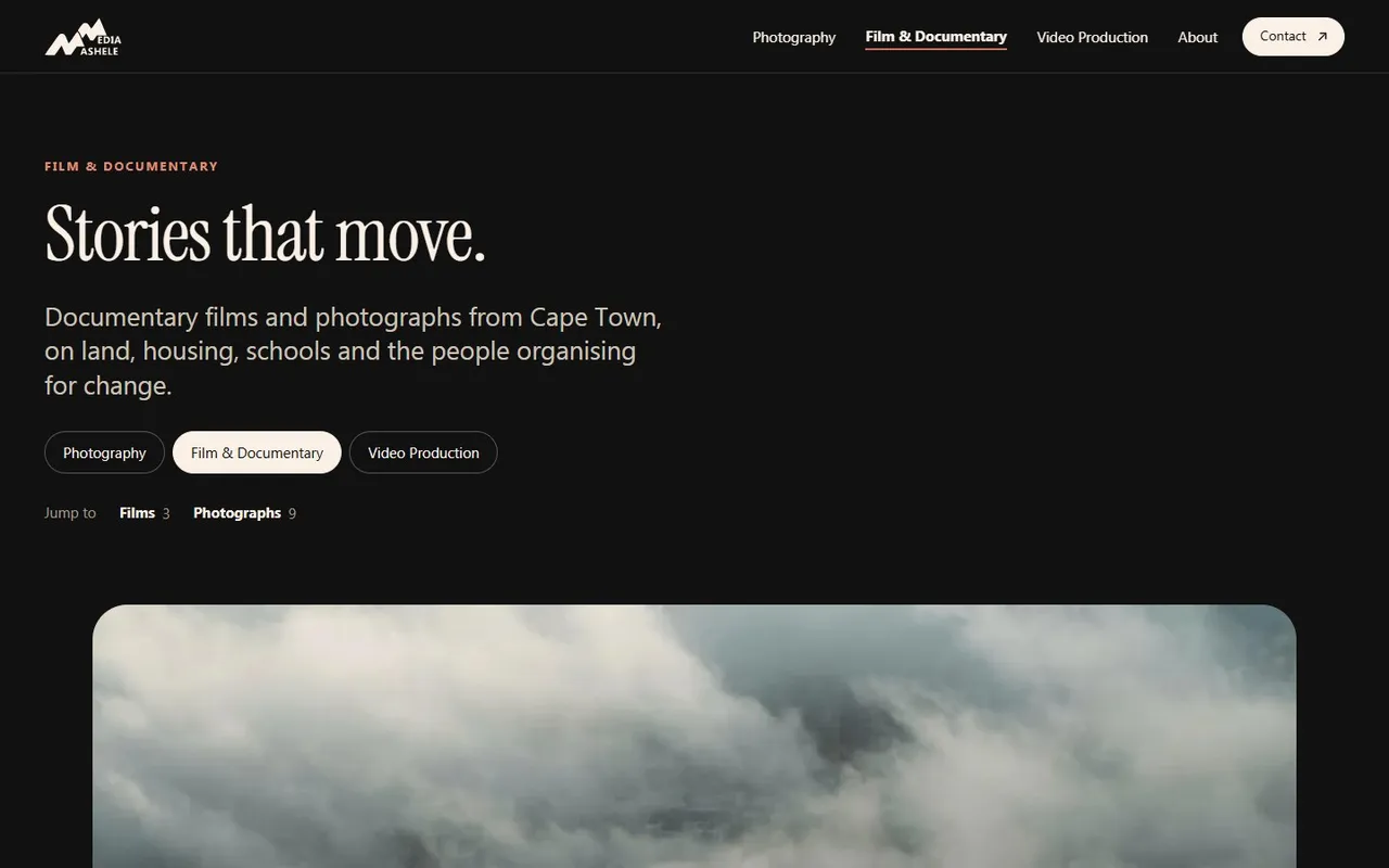 The dark film player on the Mashele Media site, stepping from film to film
