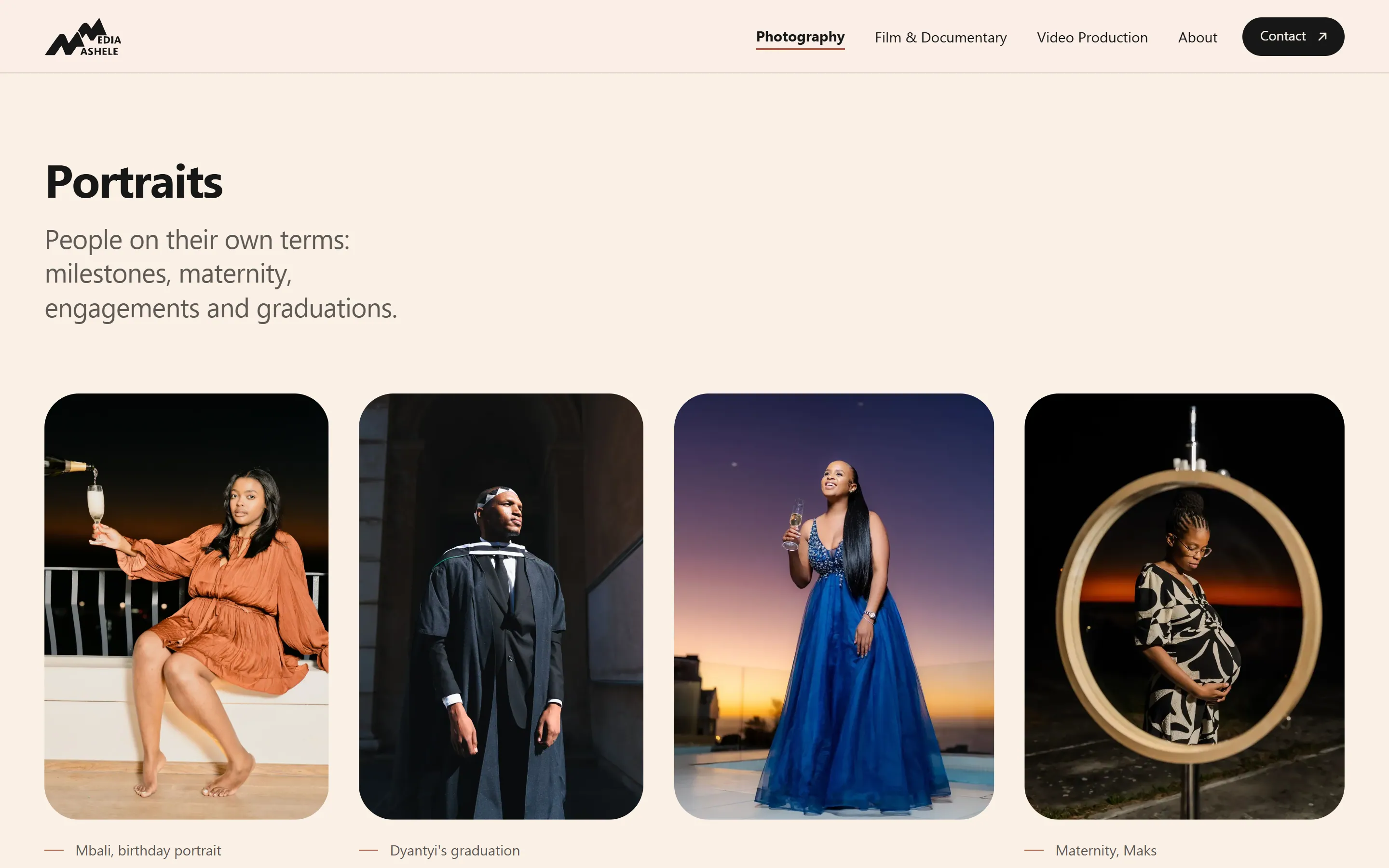 The Mashele Media photography page, grouped into collections